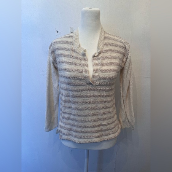 Brochu Walker Knit Henley Sweater Size Small Striped Cream - Picture 1 of 3
